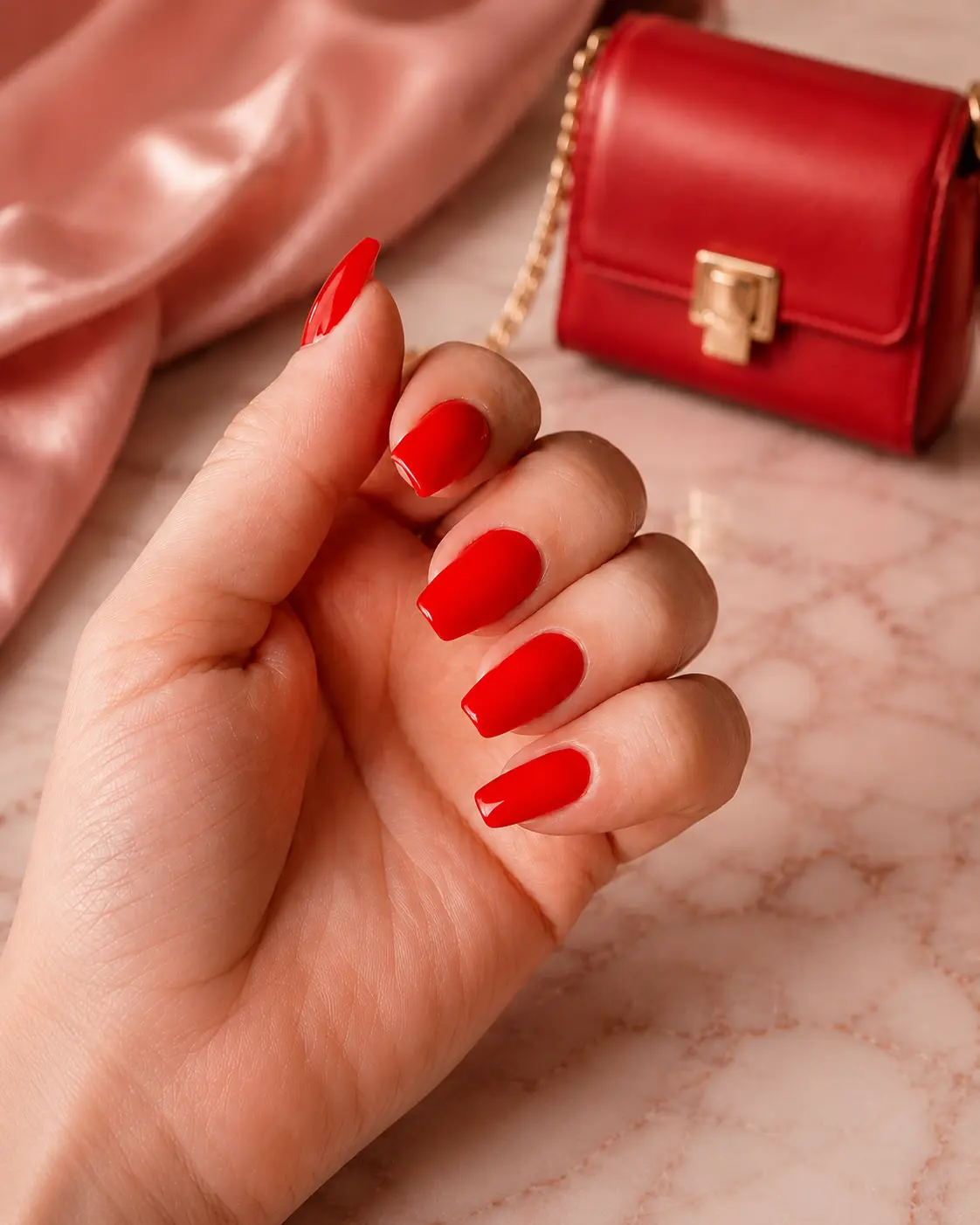 Red manicure photographed in a refined editorial setting