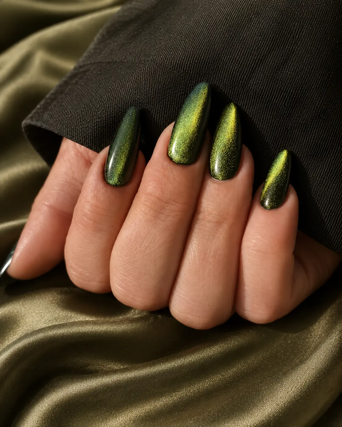 Dark green manicure photographed in a refined editorial setting